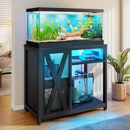 DWVO 40-50 Gallon Aquarium Stand with Power Outlets & LED Light, Cabinet for Fish Tank Accessories Storage - Metal Fish Tank Stand Suitable for Turtle Tank, Reptile Terrarium, 660LBS Capacity - WoodArtSupply