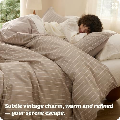 Bedsure Striped Duvet Cover King Size,100% Washed Cotton Duvet Cover Linen Like Textured, Classic Striped Pattern Enhances Bedroom Comfort and Style, Stripes Tan/White, 104"x90" Bedsure
