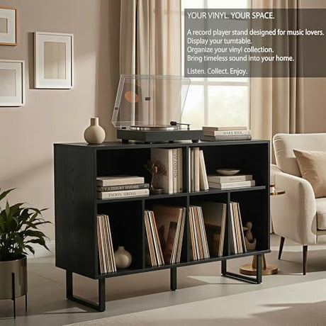 FurnPulse Large Record Player Stand with Storage 1000+ Albums, Mid Century Modern Turntable Stand Cabinet, Record Player Table Media Console TV Stand Bookshelf for Living Room, Black Walnut FurnPulse