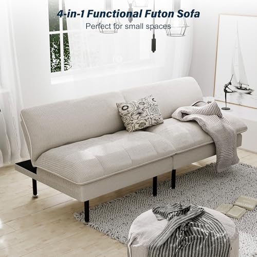 Ribilake 70" Futon Sofa Bed, 4 in 1 Multi-Function Couch Sleeper with Adjustable Backrest, Modern Convertible Futon, Recliner Small Loveseat for Living Room, Dorm, Beige Ribilake