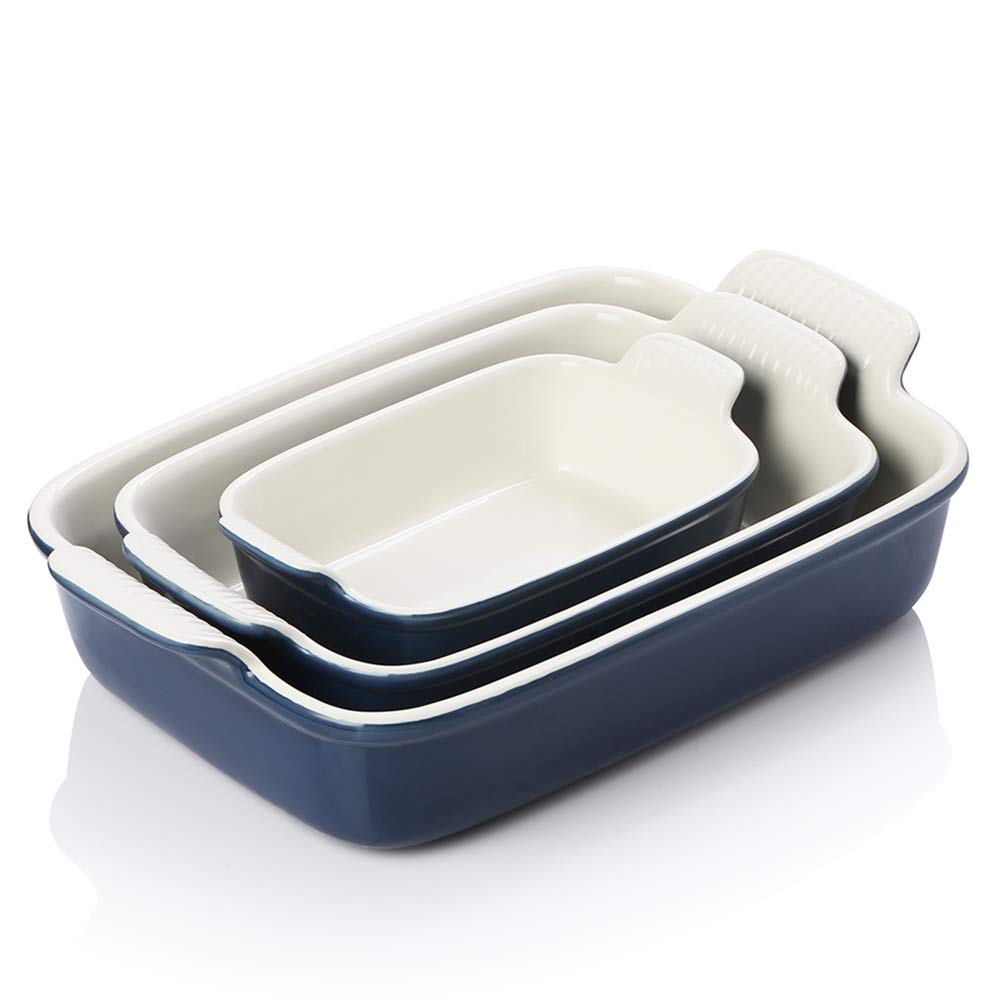 Sweejar Baking Pans Set, Ceramic 9x13 Baking Dish with Handle, Rectangular Casserole Dishes for Oven, Bakeware Sets of 3, Durable Lasagna Pan Deep for Kitchen, Banquet, Wedding Gift(Navy)