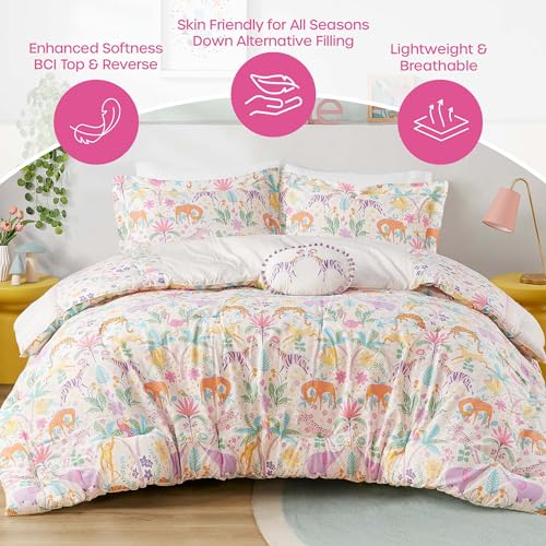 Intelligent Design Kids Queen Comforter Set, Favorite Jungle Animals Fun Safari Adventures Print, BCI Cotton, All Seasons Down Alternative Bedding, Sham & Pillow, Lulu, Full/Queen Purple 4 Piece Intelligent Design