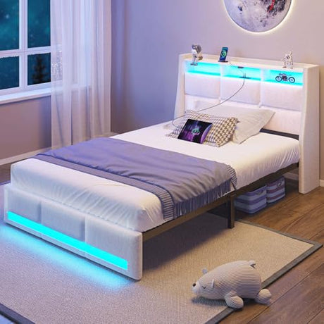 Rolanstar Twin Size Bed Frame with LED Lights and Charging Station, Upholstered Headboard with 2-Tier Storage Shelves, Heavy Duty Metal Frame, Noise-Free Support, Easy Assembly, No Box Spring Needed Rolanstar