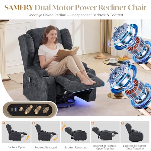 Power Swivel Rocker Recliner Chair for Adults, Dual-Motor Power Recliner with Independent Back & Footrest, Massage & Heat, 3-Sided Lights, USB, Cup Holder, Glider Rocking Chair for Living Room, Gray