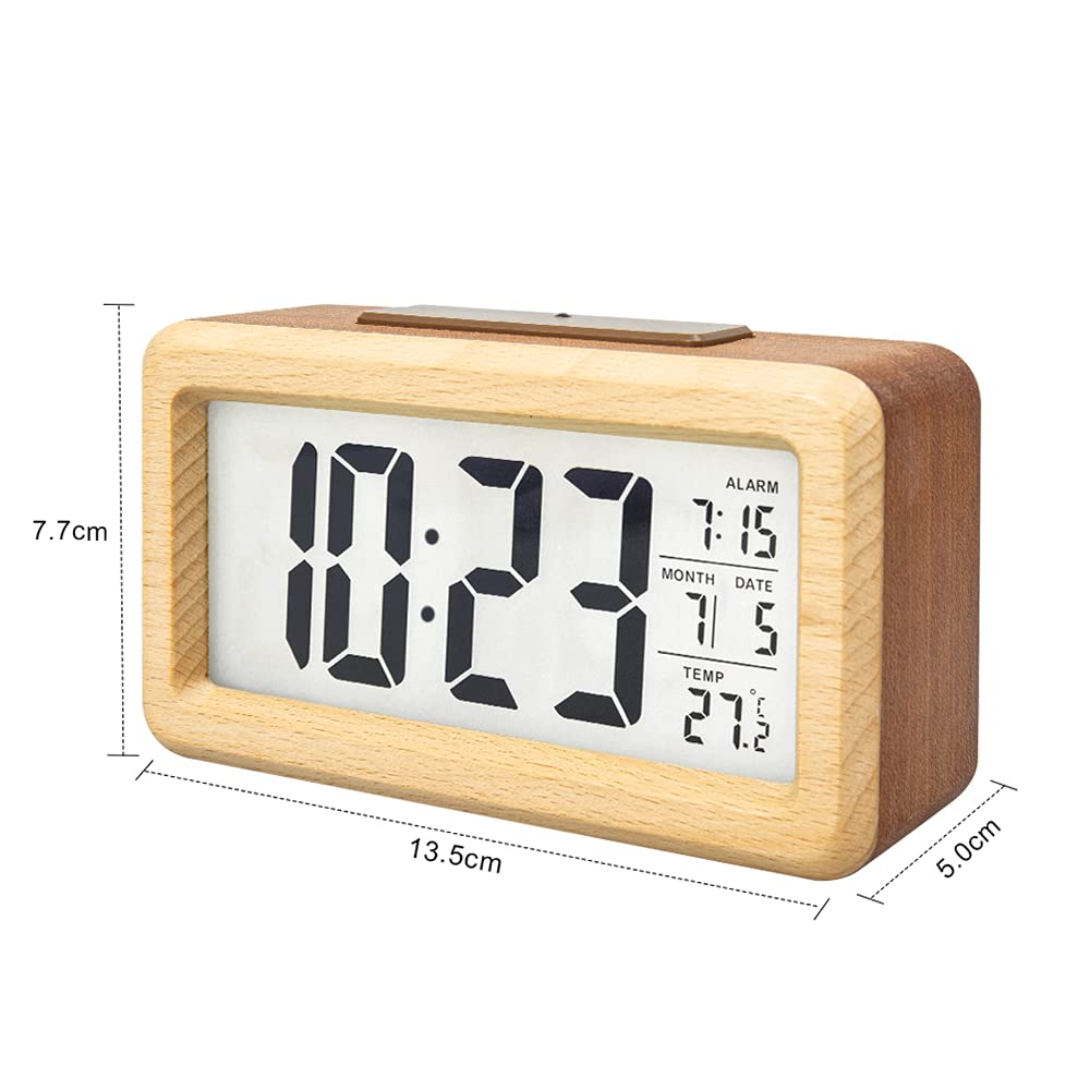 everwood Wooden Digital Alarm Clocks for Bedrooms Battery Operated, Wooden LCD Digital Clock with Smart Sensor Night Light, Temperature Detect, Snooze Function everwood