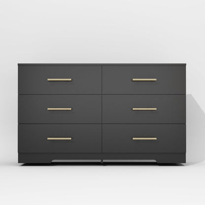 Vibe & Dine Black Dresser for Bedroom with Wide Storage, Modern 6 Drawer Dresser with Gold Handles, Wooden Chest of Drawers for Living Room - WoodArtSupply