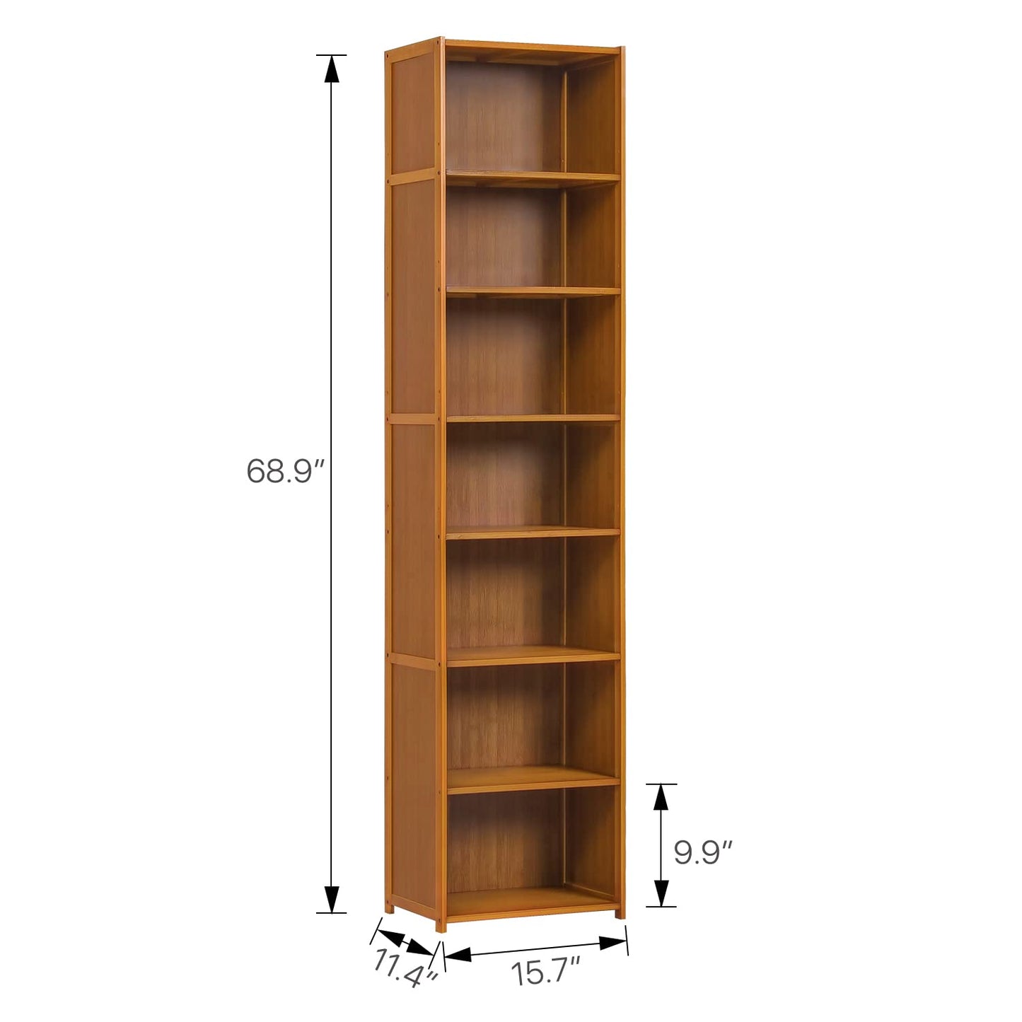 MoNiBloom Bamboo 7 Tier Free Standing Tall Bookcase Narrow Display Storage Shelves Collection Décor Furniture for Home Living Room Study Room, Brown