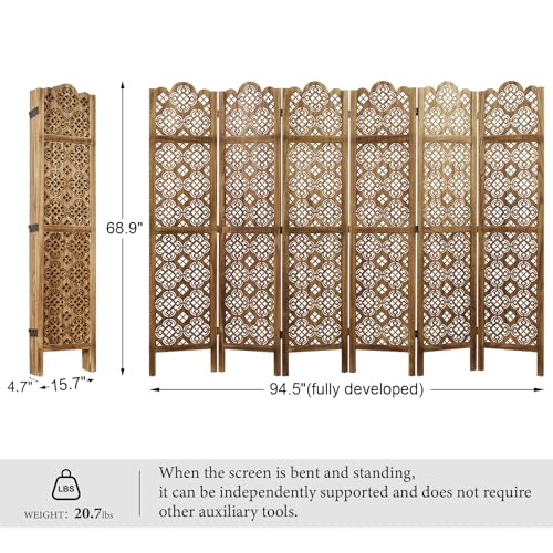 68.9Inch Folding Room Divider, 6 Panels Wood Carved Privacy Screens, Free Assembled Privacy Screen Decorative Partition for Home Office Restaurant (Dark Brown) Svimi