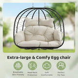 Bifanuo Double Hanging Egg Chair with Stand, Outdoor Indoor Swing Chair with Removable Cushion for 2 Person, Heavy Duty 700LBS Capacity for Patio, Bedroom, Garden (Black-Beige)