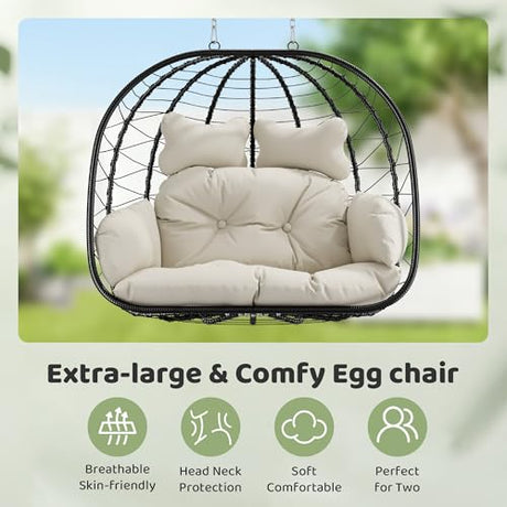 Bifanuo Double Hanging Egg Chair with Stand, Outdoor Indoor Swing Chair with Removable Cushion for 2 Person, Heavy Duty 700LBS Capacity for Patio, Bedroom, Garden (Black-Beige) Bifanuo