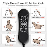 MCombo Triple Motor Power Lift Recliner with Massage and Heat, Electric Recliner Chair for Elderly People, Adjustable Headrest, Infinite Position, Cup Holders, USB Ports, Fabric 7661(Burgundy, Medium)