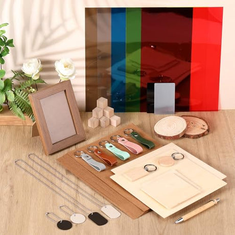 Tondiamo 76 Pcs Laser Material Explore Kit for Laser Engraving Materials Accessories Including Wood, Metal, PU Leather, PVC Materials for Laser Engraver Crafting Supplies Tondiamo