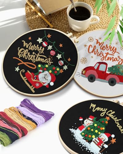 TINDTOP Christmas Embroidery Kit for Adult Beginners, 3 Sets Embroidery Stitch Practice kit Include Embroidery Cloth Hoops Threads for Craft Lover Hand Stitch TINDTOP
