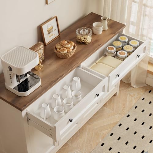 Gizoon Farmhouse Kitchen Sideboard Buffet Cabinet with Storage, Wood Coffee Bar and Storage Sideboard with Drawers and Doors for Kitchen, Dining Room, 15.7" D x 55.1" W x 35.3" H, White/Rustic Brown Gizoon