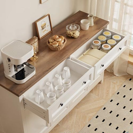 Gizoon Farmhouse Kitchen Sideboard Buffet Cabinet with Storage, Wood Coffee Bar and Storage Sideboard with Drawers and Doors for Kitchen, Dining Room, 15.7" D x 55.1" W x 35.3" H, White/Rustic Brown Gizoon