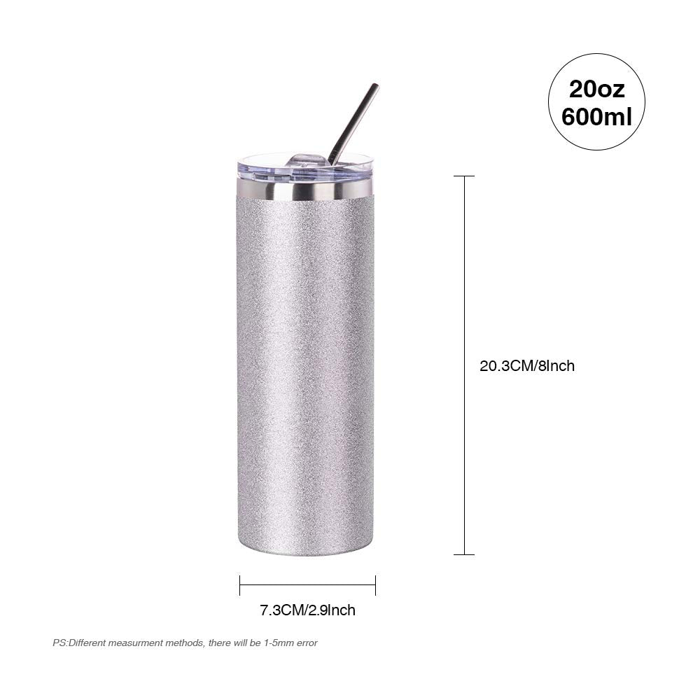 PYD Life Sublimation Blanks Glitter Tumbler Skinny Silver 20 OZ Straight Stainless Steel Tumbler with Lid and Metal Straw for Tumbler Press Machine Heat Transfer Sublimation Cups 4 Pack PYD Life