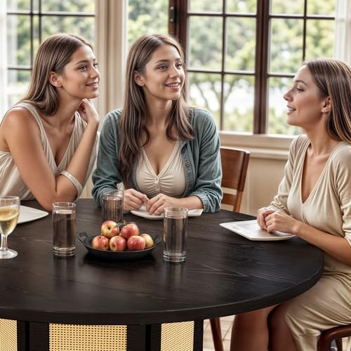 DWVO Round Dining Table for 4-6 People, 47 Inch Farmhouse Kitchen Table with Rattan Circular Base, Wooden Dinner Table for Dining Room Family Gathering, Black DWVO
