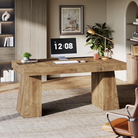 Tribesigns 55-Inch Executive Desk, Large Wood Office Computer Desk with Double Pedestal, Modern Minimalist Workstations Writing Table Conference Table Furniture for Home Office, Light Brown Tribesigns
