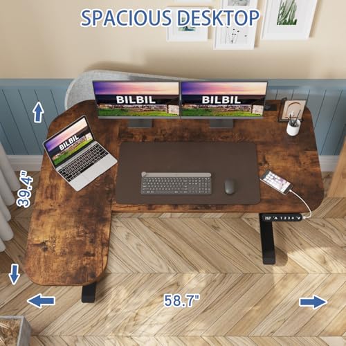 bilbil L-Shaped Electric Standing Desk with Power Strip & Privacy Screen(Gray), 59 Inch Workstation, Large Mouse Pad & 4-Preset Memory Buttons, Quiet Adjustable Desk for Dual Monitors(Rustic Brown) bilbil