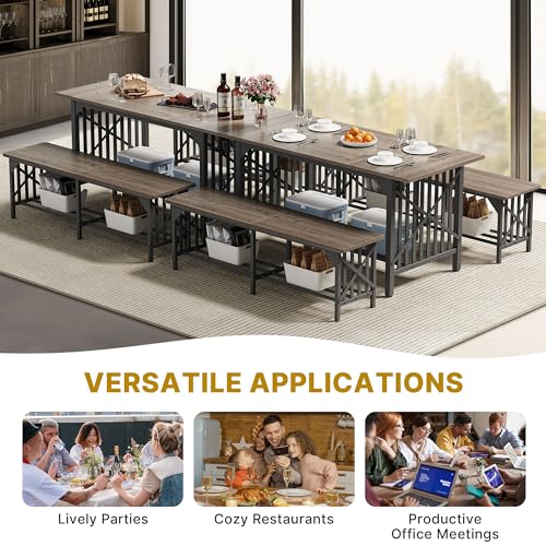 DWVO 3-Piece Dining Table Set for 4-6 People with 2 Benches, 63" Dining Room Table, Industrial Rectangular Dining Room Table Set with Storage for Kitchen, Dining Room, Grey DWVO