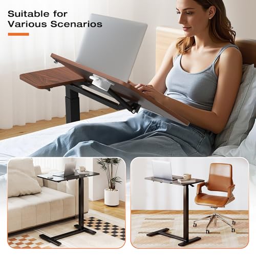 NEWBULIG Overbed Bedside Table Adjustable with Wheels, Small Rolling Standing Desk Portable Laptop PC Desks Side Computer Tray Stand Up with Tilting Top & Gas Lift for Home Office and Bedroom Brown NEWBULIG