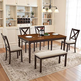 AMERLIFE 6-Piece Farmhouse Dining Table Set, 60” Solid Wood Table with 4 Upholstered Chairs & Bench, Comfortable Seating for 6, for Kitchen or Dining Room, Brown & Black Finish AMERLIFE