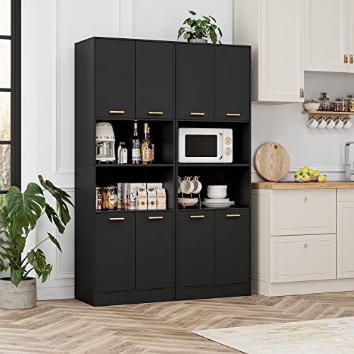 FOTOSOK Kitchen Pantry Cabinet, 71" Tall Cupboard Pantry Cabinet with Doors and Adjustable Shelves, Freestanding Utility Storage Cabinet with Open Countertop, Pantry Cabinets for Kitchen, Din - WoodArtSupply