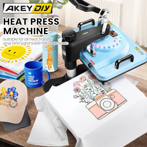 AKEYDIY 8 in 1 Heat Press with Tumbler Attachment 12 x 15 Inch Press W/Light Up PrimePress Sublimation Heat Press Machine Multifunction Swing Away Shirt Printing Heat Press for T-Shirts Cap & Mugs AKEYDIY