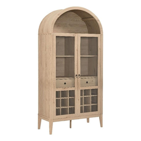 Modway Nolan Modern Farmhouse Arched Bar Cabinet in Light Oak Wood Grain - 72 Inch Tall Wine Storage Cabinet with Glass Doors and Wine Rack - Large Liquor Cabinet for Dining or Living Room Modway