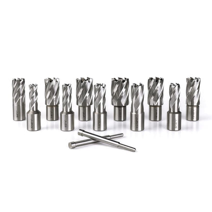 OSCARBIDE Annular Cutter Set 13pcs 3/4"Weldon Shank 1"Cutting Depth and 7/16 to 1-1/16 inch Cutting Diameter Mag Drill Bits for Magnetic Drill Press with 2 pcs Pilot Pins - WoodArtSupply