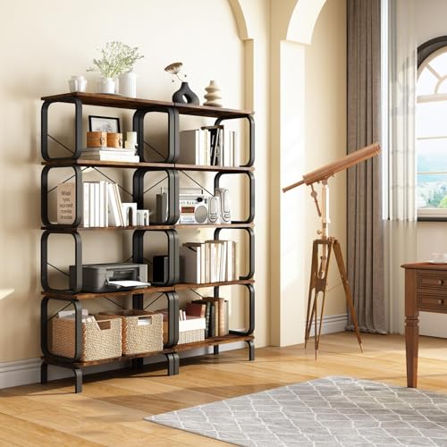 5-Tier Rustic Brown Industrial Bookshelf - Sturdy Metal and Wood Bookcase for Home and Office - WoodArtSupply