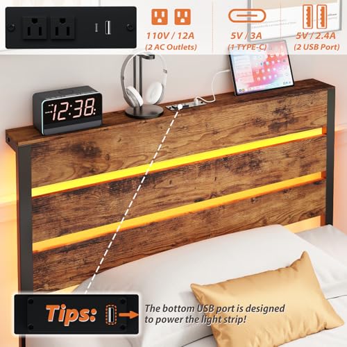 TIGUBFRE Twin Bed Frames with Storage Headboard & Charging Station, Platform Bed Frame Twin Size with LED Lights, Metal Slats, Noise Free, No Box Spring Needed, Rustic Brown TIGUBFRE