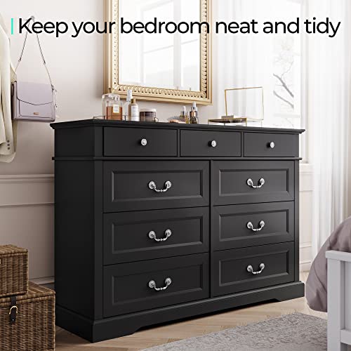 LINSY HOME Farmhouse 9 Drawers Dresser Chests for Bedroom, Wood Dresser Wide Chest of Drawers, Storage Dressers Organizer for Bedroom, Living Room,Hallway, SGS Certified - WoodArtSupply