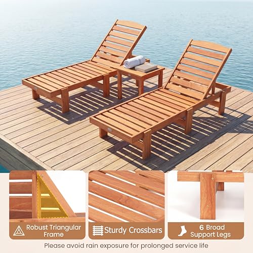 COSTWAY Solid Wood Chaise Lounge, Outdoor Lounge Chair with 5-Position Adjustable Backrest, Wooden Patio Lounger for Sunbathing, Yard, Teak Oil Finished (1)