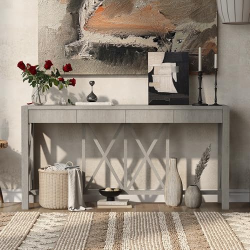 60'' Long Console Table with 4 Spacious Drawers,Modern Crisscross Design Entryway Table with Open Bottom Storage,Farmhouse Sofa Tables for Living Room,Kitchen,Dining Room,Hallway,Grey JIJIWANG