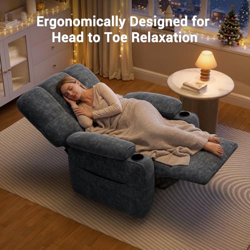 AMADA HOMEFURNISHING Power Recliner Chair for Adults, One-Touch Synchronized Electric Recliner with USB Ports, Cup Holder & Side Pockets, Thick Seat Cushion, Chenille, Living Room & Bedroom