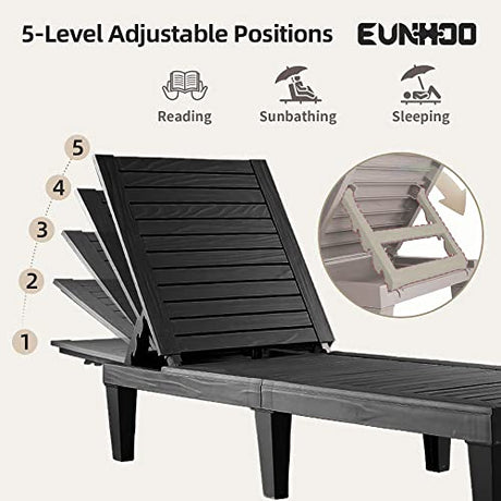 EUNHOO Chaise Lounge Outdoor Set of 4,Adjustable Pool Lounge Chair with 5 Positions Backrest, Waterproof Sun Loungers for Garden Pool Beach Patio Deck Sunbathing.Black EUNHOO