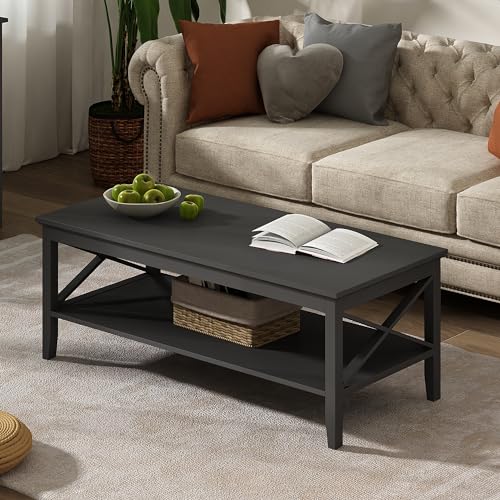 ChooChoo Oxford Coffee Table with Thicker Legs, Black Wood Coffee Table with Storage for Living Room, 47 inch ChooChoo