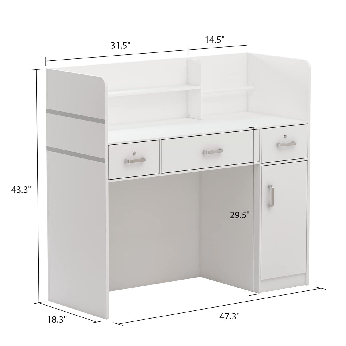 Homsee Modern Reception Desk with 3 Drawers, 1 Door Storage Cabinet & Hutch Shelf, Office Wooden Computer Desk, Writing Study Table PC Laptop Desk, White (47.3" L x 18.3" W x 43.3" H) Homsee