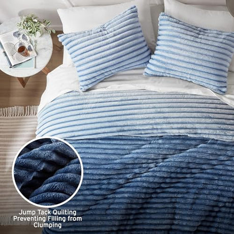 Intelligent Design Queen Comforter Set, Plush Bedding, Microfiber Reverse, 3 Piece, Lightweight, Super Soft Ribbed Velvet Comforter 2 Shams, All Season Fluffy Bed Set, Avril, Full/Queen Blue Ombre Intelligent Design