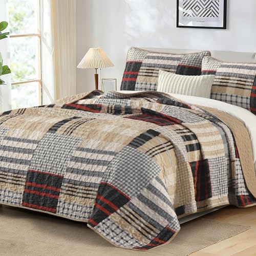 Annibedding Quilt Set Queen Size, Red-Brown Plaid Striped Bedspread Coverlet Set,Soft Microfiber Reversible Lightweight Bedding Cover for All Season(Queen,96"x90") Anibedding