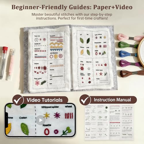 Bmtbu 2026 Upgraded Embroidery Stitch Book Kit with 8.27"x10.65" Portable Loose-Leaf Cover, 6 Fabric Pages, Complete Toolkit, Easy Instructions & Video Tutorials. (Classic)