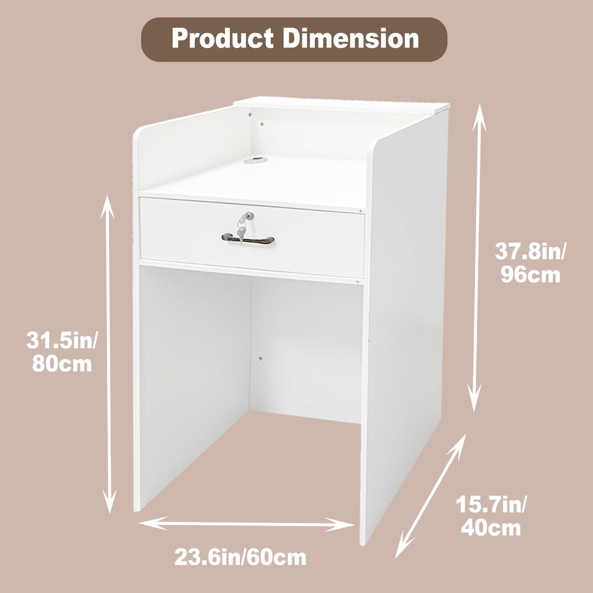 Reception Desk with Counter LED Light, Modern Front Desk with Lockable Drawer, White Retail Checkout Counter for Clothing Store Lobby Beauty Salon (White, 37.8x23.6x15.7in) CDDUOLA