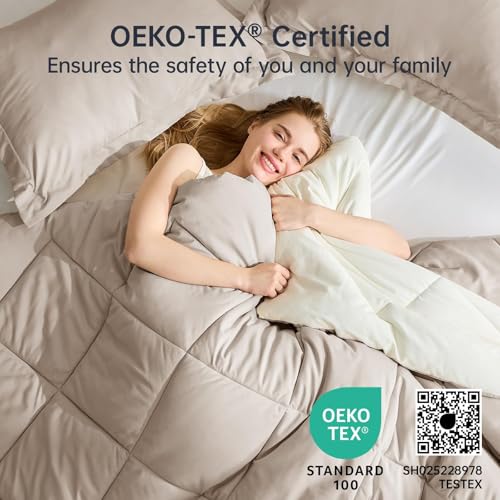 JOLLYVOGUE King Size Comforter Set, Soft Reversible Bedding for All Seasons, 3 Pieces Down Alternative Bed Set Includes 1 Lightweight Comforter (104"x90") and 2 Pillow Shams (20"x36"), Beige & Ivory JOLLYVOGUE
