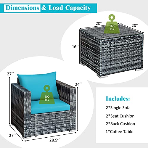 COSTWAY 3 PC Patio Rattan Furniture Bistro Set Cushioned Sofa Chair Turquoise COSTWAY