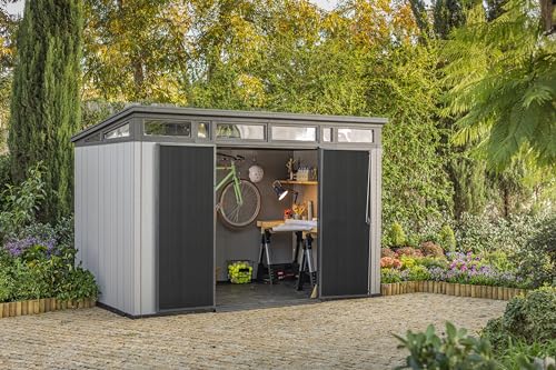 Keter Artisan 11x7 Modern Resin Outdoor Storage Shed Kit-Perfect to Store Patio Furniture, Garden Tools Bike Accessories, Beach Chairs and Lawn Mower, Grey & Black - WoodArtSupply