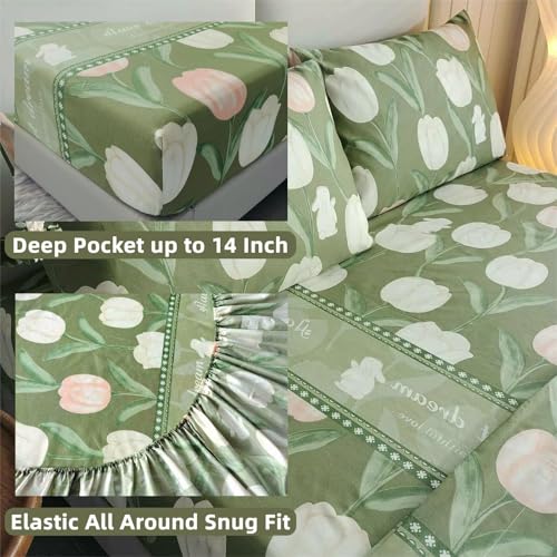 SDIII Green Floral Twin Bed Fitted Sheet with 2 Pillowcases, Not Including Flat Sheet, Soft Microfiber Rabbit and Floral Bed Fitted Sheets Twin Size SDIII
