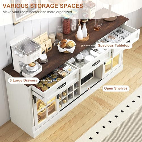 St.Mandyu 66" Sideboard Buffet Cabinet with Drawers, Farmhouse Buffet Table with Storage, Modern Coffee Bar Wine Bar Cabinet with Barn Doors for Kitchen, Dining Room, Living Room, White St.Mandyu