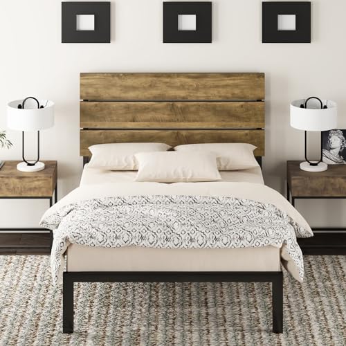 Allewie Twin Size Rustic Platform Bed Frame with Wood Headboard and Metal Slats - Light Brown - WoodArtSupply