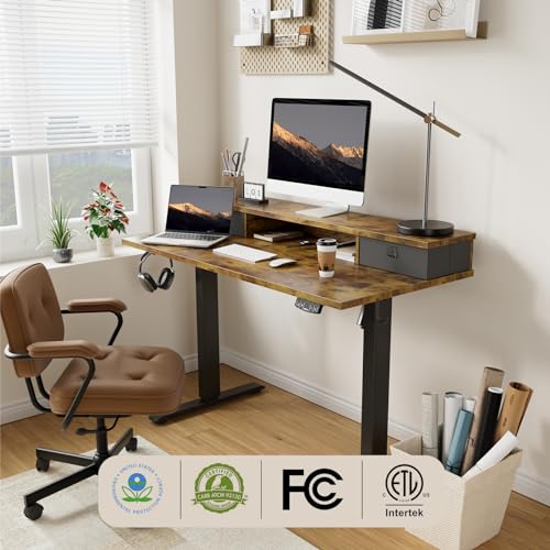 Agilestic 55 x 24 Inches Height Adjustable Electric Standing Desk with 2 Drawers, Stand Up Electric Desk Adjustable Height, Sit Stand Computer Gaming Table with Splice Board, Rustic Brown